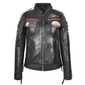 Damen Lederjacke Cafe Racer Biker Rosa Schwarz