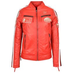 Damen Leder Bikerjacke Cafe Racer Rosa Rot