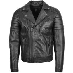Rovanzi vorderansicht der herren biker lederjacke mit doppel reißverschluss in schwarz aus echtem leder mit markantem hakenverschluss am kragen