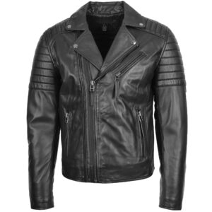 Rovanzi vorderansicht der herren biker lederjacke mit doppel reißverschluss in schwarz aus echtem leder mit markantem hakenverschluss am kragen
