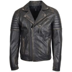 Rovanzi herren biker lederjacke im vintage rub off design mit doppel reißverschluss und hakenverschluss am kragen frontansicht