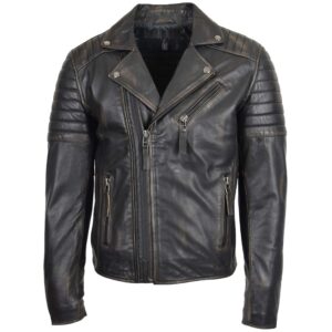 Rovanzi herren biker lederjacke im vintage rub off design mit doppel reißverschluss und hakenverschluss am kragen frontansicht
