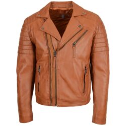 Rovanzi herren biker lederjacke hellbraun doppelreißverschluss, frontansicht, leder, urbaner biker stil