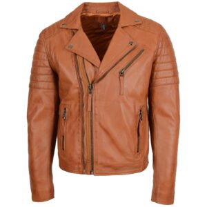 Rovanzi herren biker lederjacke hellbraun doppelreißverschluss, frontansicht, leder, urbaner biker stil