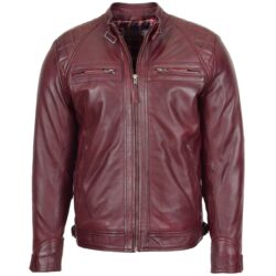 Rovanzi herren biker lederjacke stehkragen burgunderrot echte lederjacke bikerstil weinrot vorderansicht