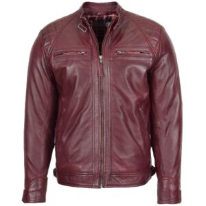 Rovanzi herren biker lederjacke stehkragen burgunderrot echte lederjacke bikerstil weinrot vorderansicht
