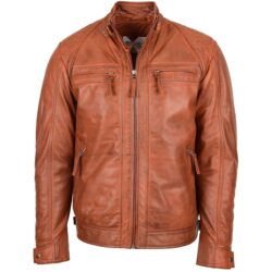Rovanzi herren biker lederjacke stehkragen cognac bikerstil leder cognac tan vorderansicht