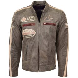 Herren Biker Lederjacke mit Badges Braun Kurt