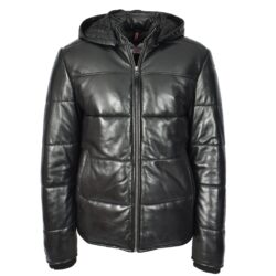 Schwarze Herren Leder-Pufferjacke mit abnehmbarer Kapuze Rory