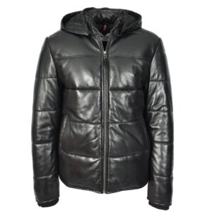 Schwarze Herren Leder-Pufferjacke mit abnehmbarer Kapuze Rory