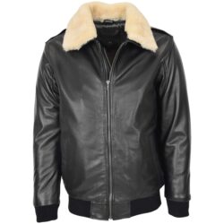 Viggo Herren Leder-Bomberjacke mit Lammfellkragen Schwarz