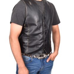 Herren Lederweste Vintage Schwarz mit Knopfverschluss