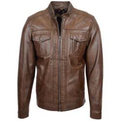Rovanzi vorderansicht der herren casual biker lederjacke jaime timber, seo optimierter klassischer biker stil aus echtleder in der farbe timber