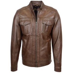 Rovanzi vorderansicht der herren casual biker lederjacke jaime timber, seo optimierter klassischer biker stil aus echtleder in der farbe timber