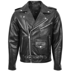 Rovanzi herren lederjacke biker brando kyle schwarz frontansicht, klassischer motorradstil aus schwerem echtleder mit asymmetrischem reißverschluss und silbernen druckknöpfen