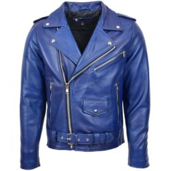 Rovanzi schwere herren biker lederjacke brando blau, klassischer asymmetrischer biker stil aus schwerem echtleder in der farbe blau, vorderansicht