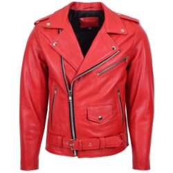 Rovanzi herren biker lederjacke brando stil rot kyle rote heavy duty echtlederjacke im motorrad stil mit asymmetrischem reißverschluss und silberner hardware, vorderansicht