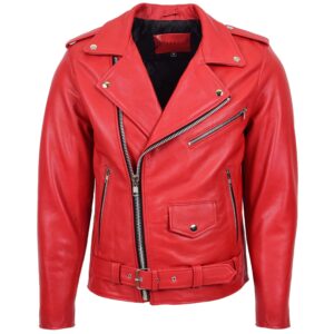 Rovanzi herren biker lederjacke brando stil rot kyle rote heavy duty echtlederjacke im motorrad stil mit asymmetrischem reißverschluss und silberner hardware, vorderansicht