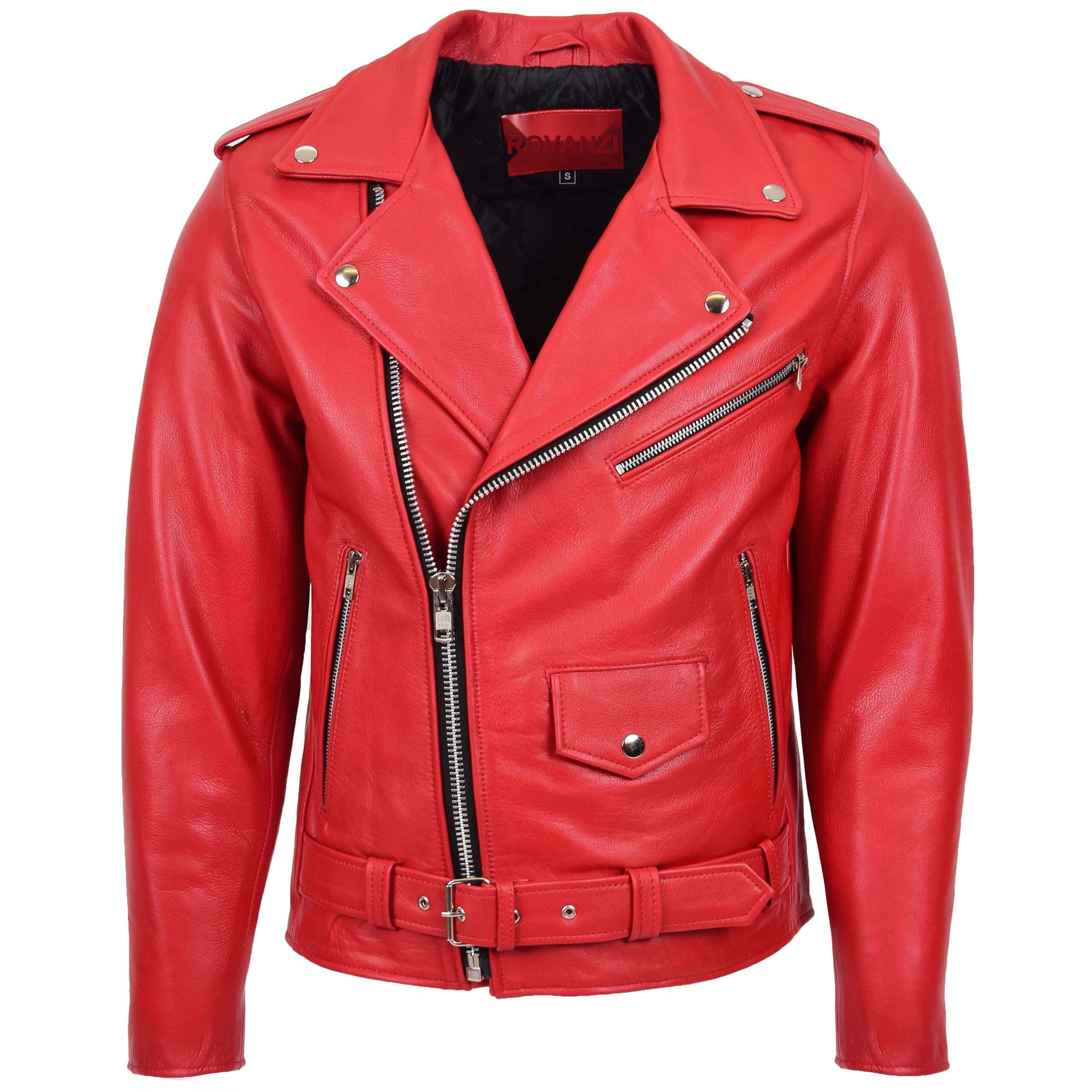 Rovanzi herren biker lederjacke brando stil rot kyle rote heavy duty echtlederjacke im motorrad stil mit asymmetrischem reißverschluss und silberner hardware, vorderansicht