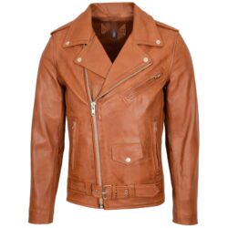 Herren Lederjacke Bikerstil Brando Hellbraun