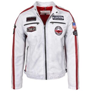 Herren Lederjacke Biker Motorsport Vintage Weiß Bobby