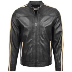 Herren Lederjacke Bikerstil Racing-Streifen Clyde Schwarz