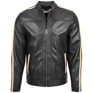Herren Lederjacke Bikerstil Racing-Streifen Clyde Schwarz
