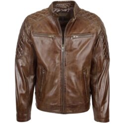 Herren Lederjacke Bikerstil Steppdetails Braun Timber Jackson