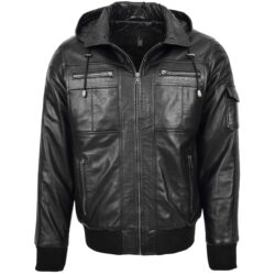 Bronx Herren Leder-Bomberjacke mit Kapuze Schwarz