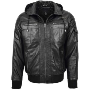 Bronx Herren Leder-Bomberjacke mit Kapuze Schwarz
