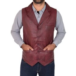 Herren Lederweste Calvin in Burgundy mit Knopfleiste