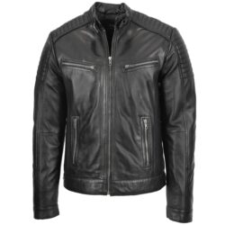 Herren Biker Lederjacke Cafe Racer Schwarz