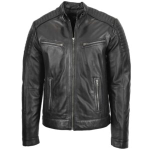 Herren Biker Lederjacke Cafe Racer Schwarz