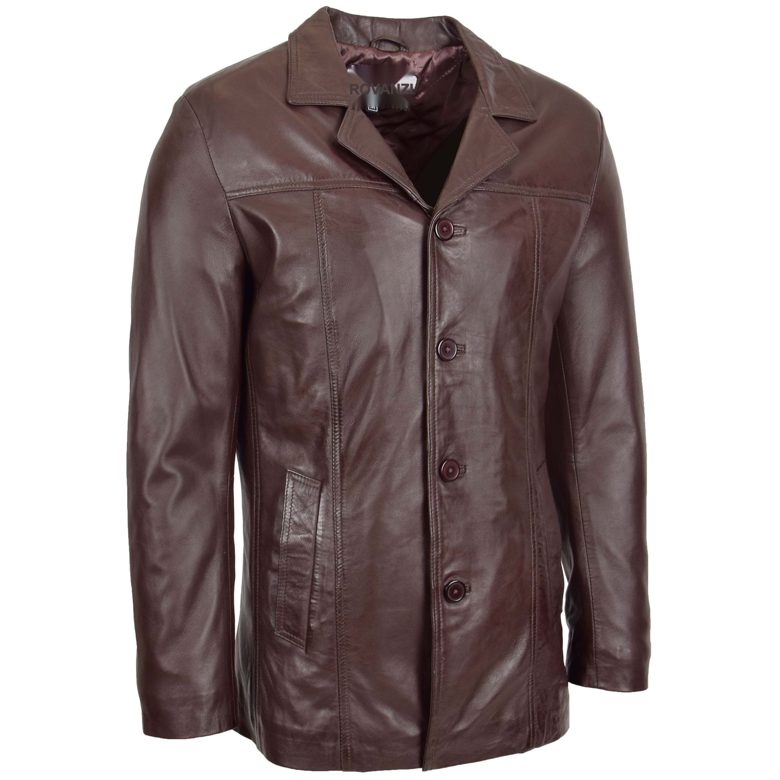 Klassische Herren Leder-Reefer-Jacke in Thrill Brown - Image 3