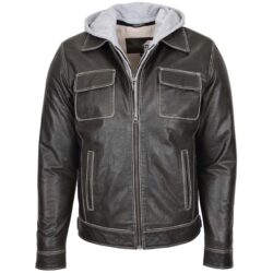 Herren Lederjacke mit abnehmbarer Kapuze Cypher Grau