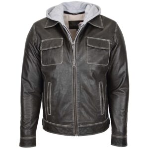 Herren Lederjacke mit abnehmbarer Kapuze Cypher Grau