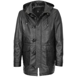 Herren Dufflecoat aus Leder mit Kapuze Schwarz