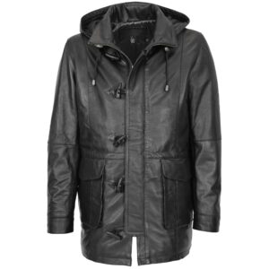 Herren Dufflecoat aus Leder mit Kapuze Schwarz