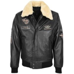 Herren Lederjacke Pilot-N Schwarz mit abnehmbarem Kragen