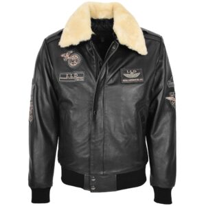 Herren Lederjacke Pilot-N Schwarz mit abnehmbarem Kragen