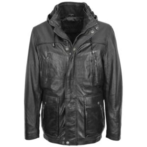 Logan Leder-Parka für Herren mit abnehmbarer Kapuze Schwarz
