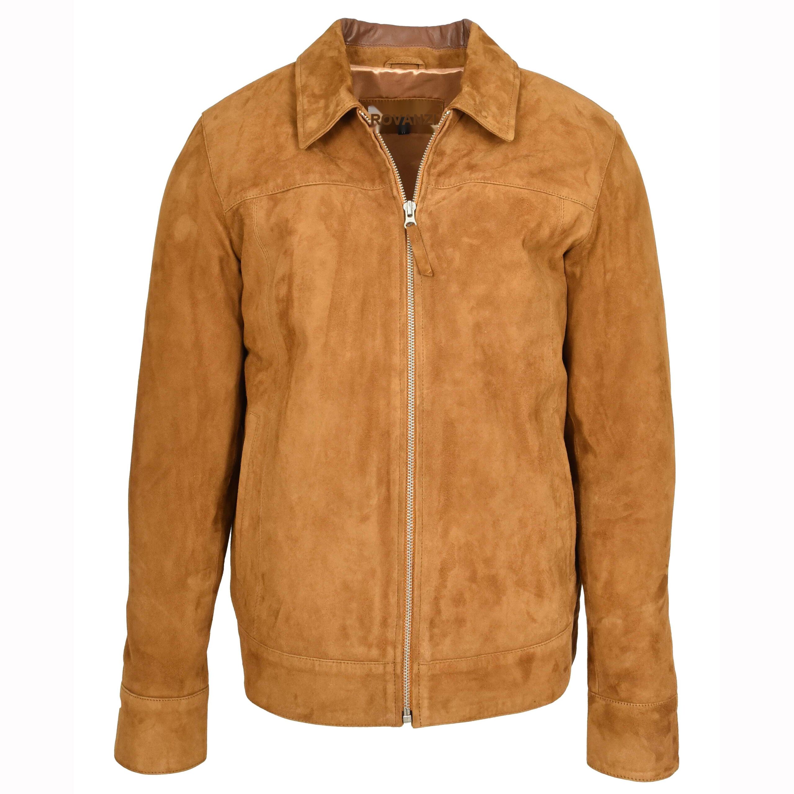 Herren Ziegenvelours Lederjacke Klassischer Box-Schnitt Cognac