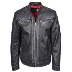 Herren Echtleder Bikerjacke Cafe Racer Stil Schwarz