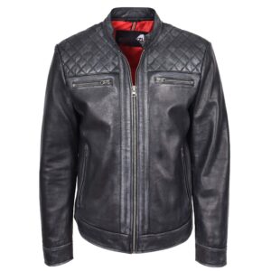 Herren Echtleder Bikerjacke Cafe Racer Stil Schwarz