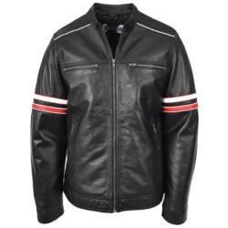Herren Biker Lederjacke im Cafe Racer Stil mit Streifen Schwarz