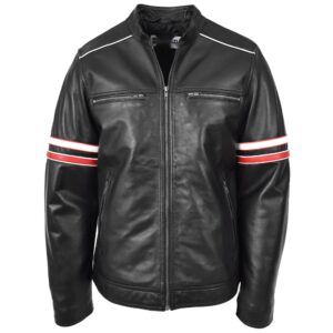 Herren Biker Lederjacke im Cafe Racer Stil mit Streifen Schwarz
