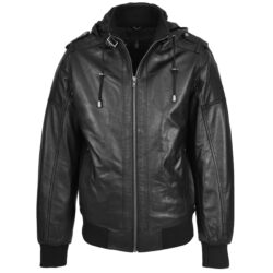 Herren Leder Bomberjacke Reggie Schwarz mit Kapuze