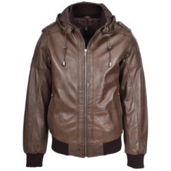 Herren Leder Bomberjacke mit Kapuze Reggie Braun