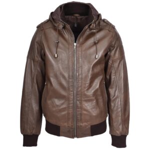 Herren Leder Bomberjacke mit Kapuze Reggie Braun