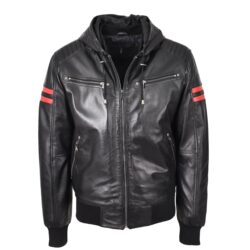 Herren Leder Bomberjacke Remmy Schwarz mit Kapuze